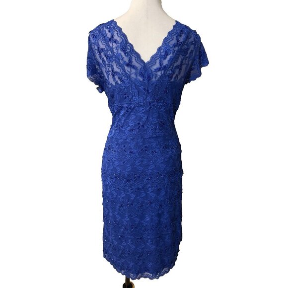 Marina Dress 16 Blue Stretch Lace Wedding Party Cruise V Neck Short Sleeve - Picture 3 of 11